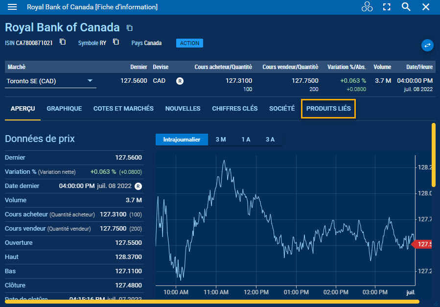 Onglet de produits liés en surbrillance dans une fiche d’information